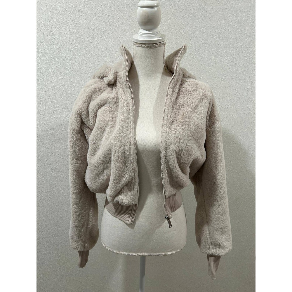 DKNY Sport Womens Faux Fur Hooded Bomber Jacket Blush Beige Detachable Hoodie - Picture 3 of 8